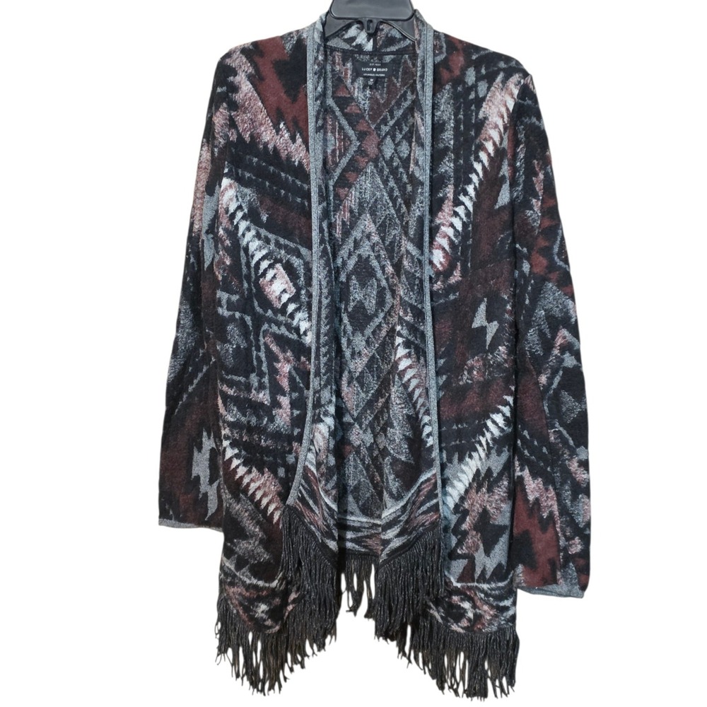 Lucky Brand Aztec Fringe Open Front Cardigan Sweater Women Medium Burgundy Black